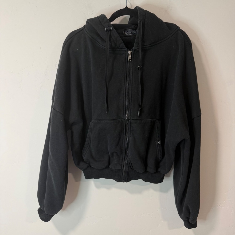 Popflex Womens Zip Up Hoodie XXS/XS Black Cropped Balloon Sleeve